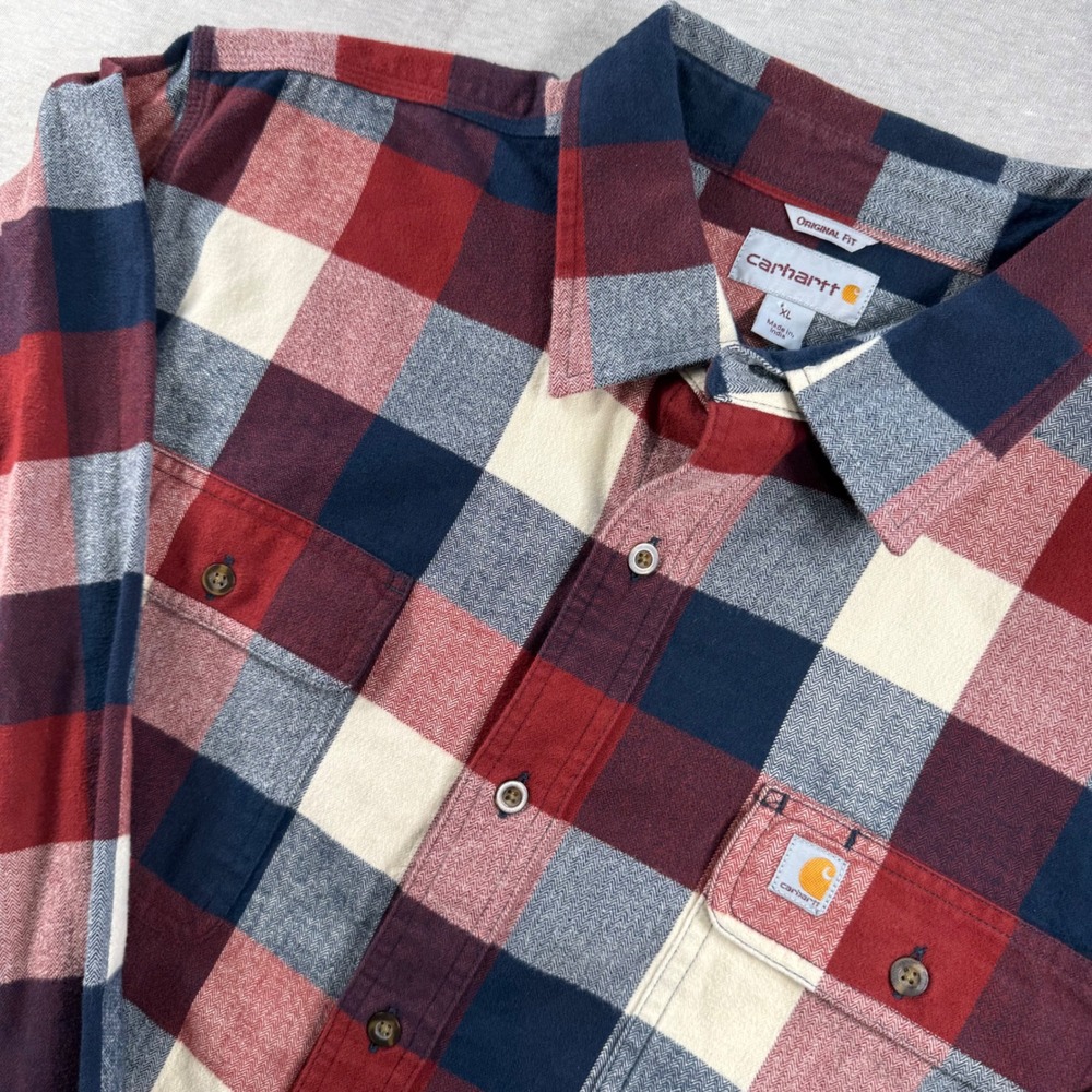Carhartt Plaid Flannel Button Down Mens XL Red Blue Original Fit Work Shirt - Picture 1 of 10